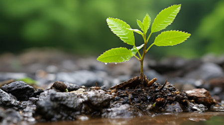a young plant sprouting from the ground in a muddy areaの素材
