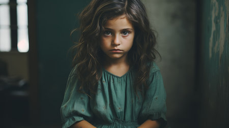 a young girl is sitting in an empty roomの素材