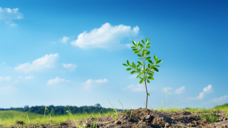 a young plant sprouting from the ground in a fieldの素材