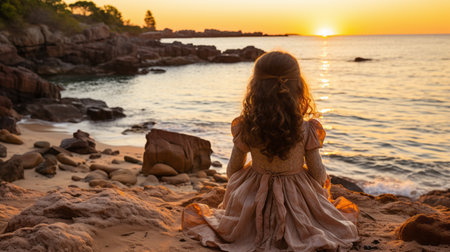 a young woman in a dress sitting on the beach at sunsetの素材