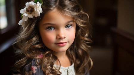 a young girl with blue eyes and a flower in her hairの素材