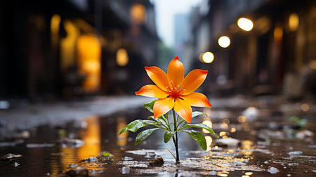 an orange flower is standing in the middle of a puddleの素材