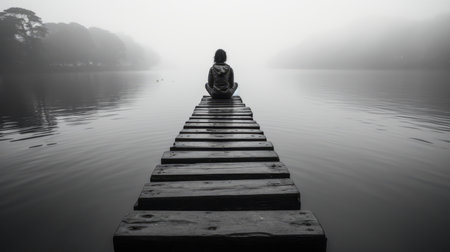 black and white photo of a person sitting on a dock in the middle of a lake on a foggy dayの素材