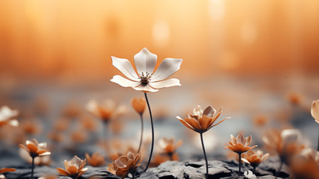 flowers in a field with a sunset in the backgroundの素材
