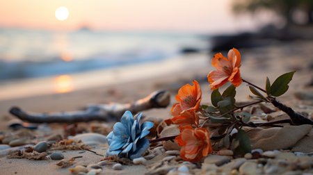 flowers on the beach at sunset