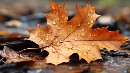 an orange maple leaf with water droplets on itの素材