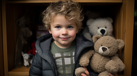 the boy is holding a stuffed animalの素材