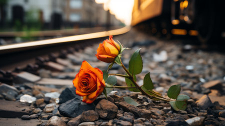 two orange roses are sitting on the ground next to a train trackの素材