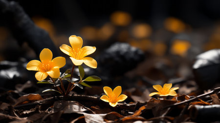small yellow flowers growing out of the ground in the darkの素材
