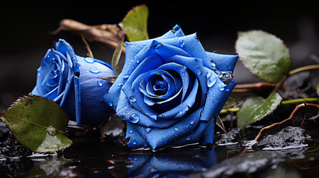 two blue roses with water droplets on themの素材