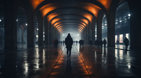 silhouette of people walking through a tunnel at nightの素材
