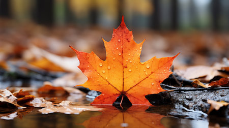 an orange maple leaf is sitting on the ground in the middle of a puddle of waterの素材