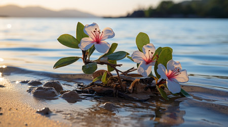 two pink flowers growing out of the sand on the beachの素材