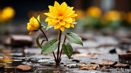 two yellow flowers growing out of the ground in a puddleの素材