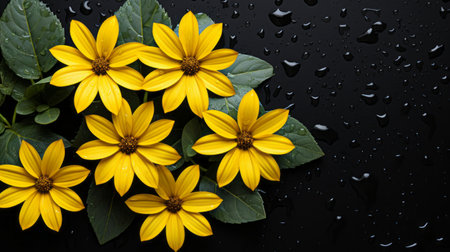 yellow flowers on a black background with water dropletsの素材