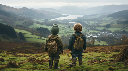 two young children standing on a hill overlooking a valleyの素材