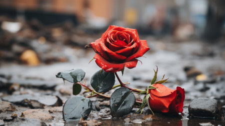 two red roses sitting on the ground in a puddleの素材