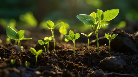 young plants sprouting from the ground in the sunlightの素材