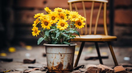 yellow sunflowers in a pot sitting on a chairの素材