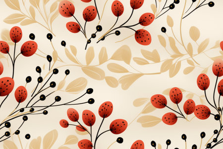 a floral pattern with red berries and leaves on a beige backgroundの素材