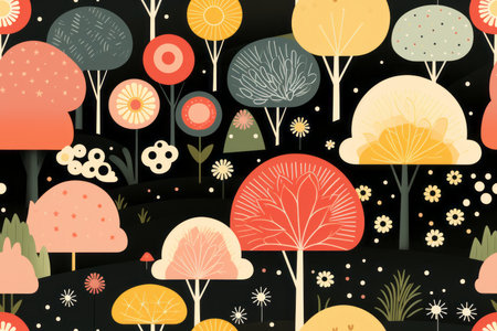 a seamless pattern with trees and flowers on a black backgroundの素材