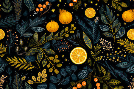 a seamless pattern with oranges and leaves on a black backgroundの素材