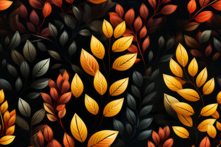 autumn leaves seamless pattern on black backgroundの素材