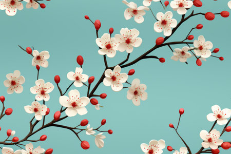 cherry blossoms on a branch with leaves and red berriesの素材