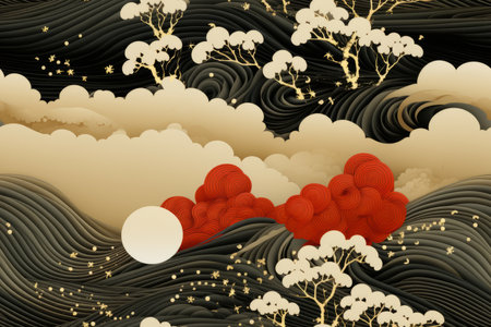 an asian style painting with red and gold clouds and treesの素材