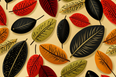 autumn leaves seamless pattern with black red orange yellow and green leaves on a beige backgroundの素材