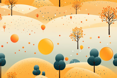 an orange and yellow landscape with trees and balloonsの素材