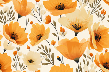 seamless floral pattern with orange poppies on a beige backgroundの素材