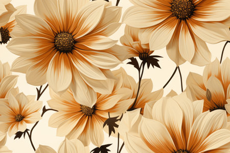 seamless pattern of brown and white flowers on a beige backgroundの素材