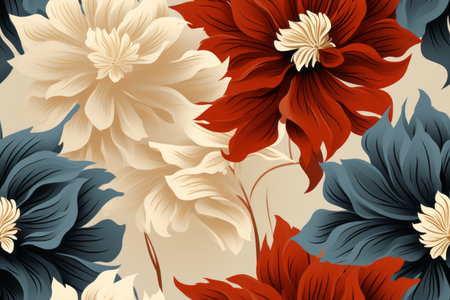 seamless floral pattern with red white and blue flowers on a beige backgroundの素材
