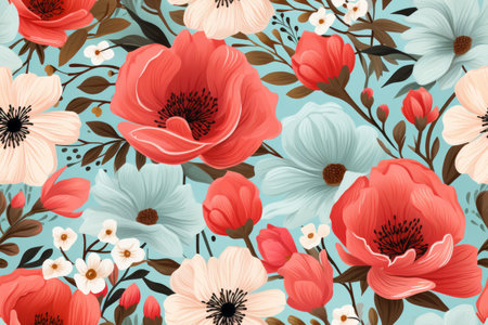 seamless floral pattern with red and white poppies on a blue backgroundの素材