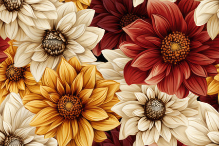 seamless floral pattern with red yellow and white flowers on a black backgroundの素材