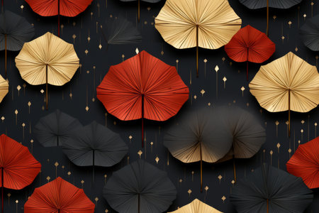 seamless pattern of red black and gold leaves on a black backgroundの素材