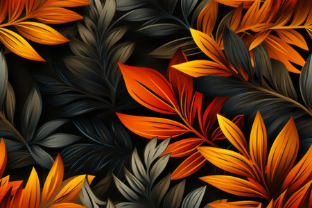 seamless pattern of autumn leaves on black backgroundの素材