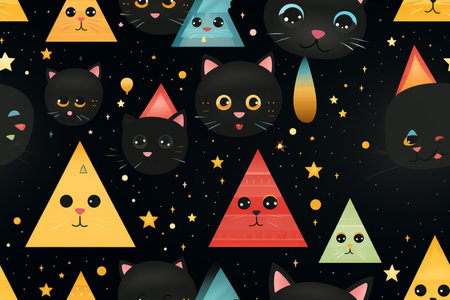 seamless pattern with cats and stars on a black backgroundの素材