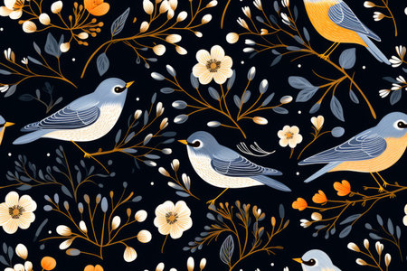 seamless pattern with birds and flowers on a black backgroundの素材
