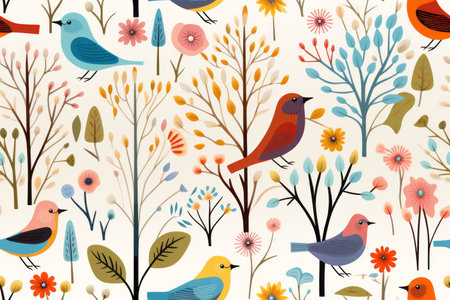 seamless pattern with colorful birds and flowersの素材