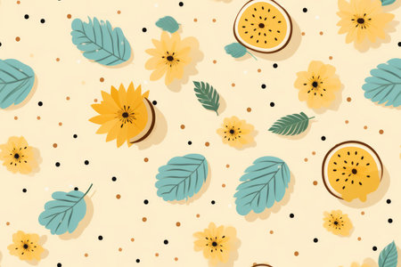 seamless pattern with leaves and sunflowers on a yellow backgroundの素材