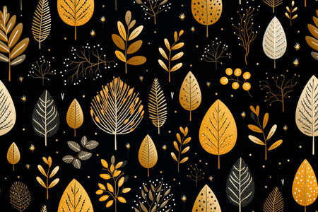 seamless pattern with golden leaves on black backgroundの素材