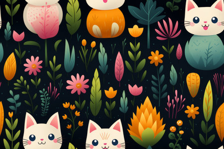 seamless pattern with cats and flowers on a black backgroundの素材