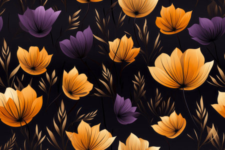 seamless pattern with orange and purple flowers on a black backgroundの素材