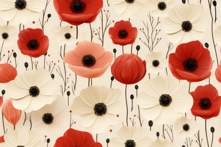 seamless pattern with red and white poppies on a beige backgroundの素材
