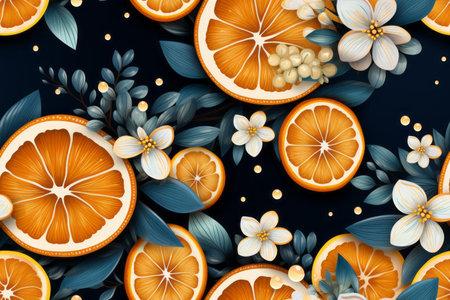 seamless pattern with oranges and flowers on a dark backgroundの素材