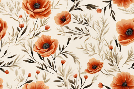 seamless pattern with orange poppies on a beige backgroundの素材