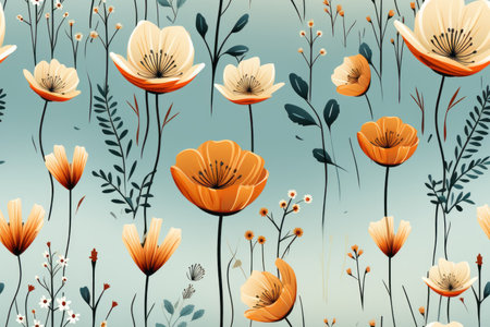 seamless pattern with orange flowers and leaves on a blue backgroundの素材