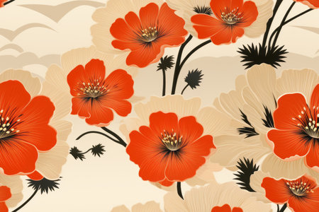 seamless pattern with red poppies on a beige backgroundの素材
